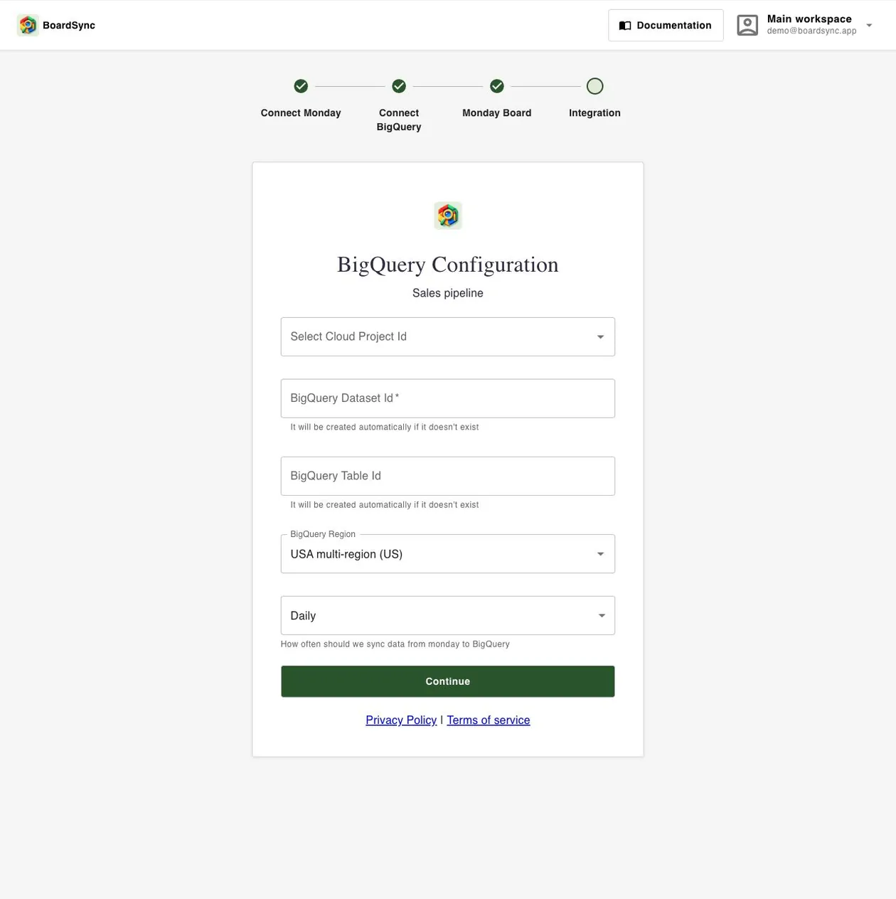 BoardSync screen for choosing the BigQuery dataset, table and region