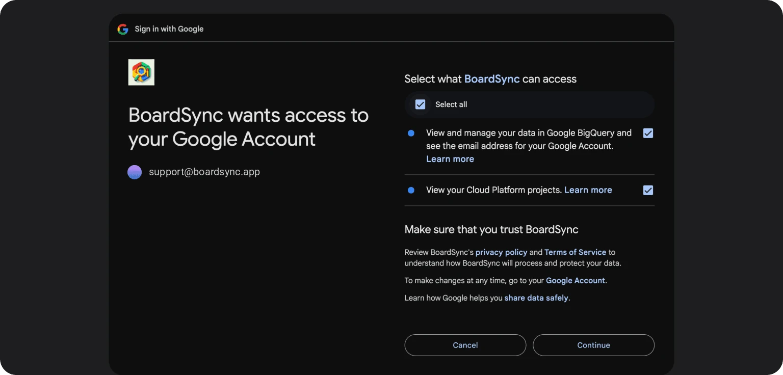 Google consent screen where BoardSync asks for BigQuery and Cloud project access