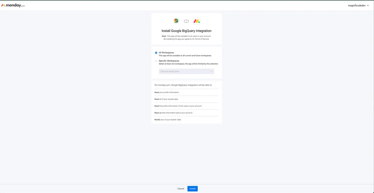 monday.com install screen asking an admin to authorize the BoardSync app